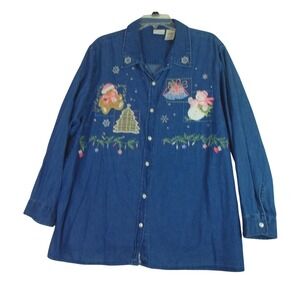 White Stag Womens Shirt Long Sleeve Button Denim Snowman Christmas Winter 22/24W